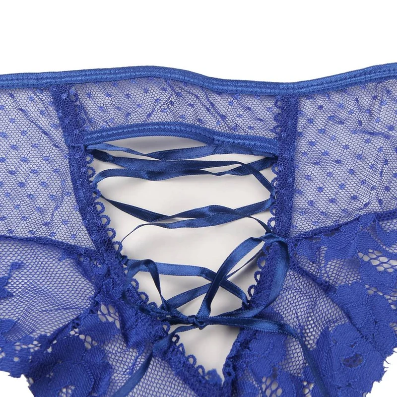 Blauer, hochgeschnittener Spitzenslip – verstellbare Träger und Baumwollzwickel