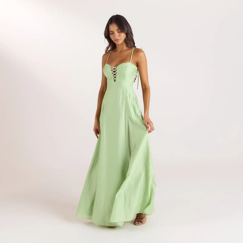Bestickter Maxikleid mit Korsetdetail - Grün
