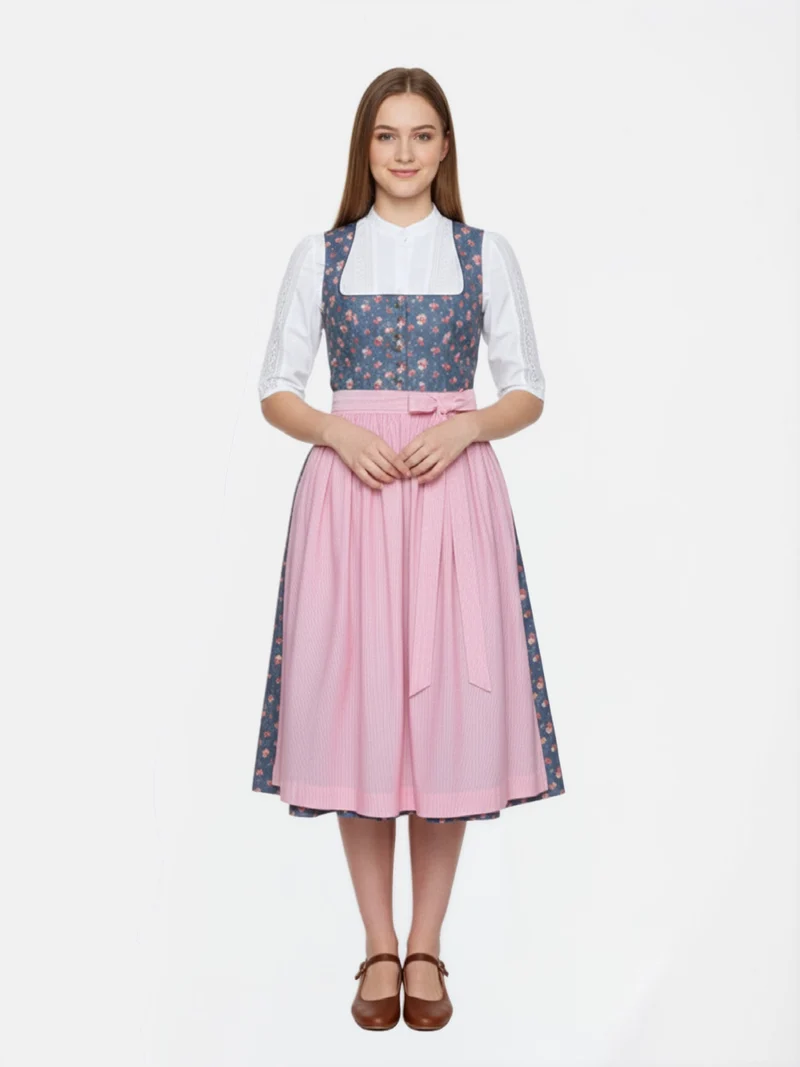 Dirndl aus Rosendruck mit Streifenschürze