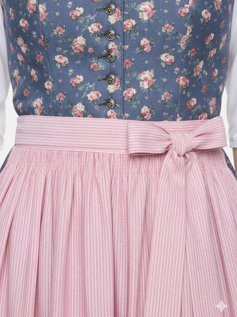 Dirndl aus Rosendruck mit Streifenschürze