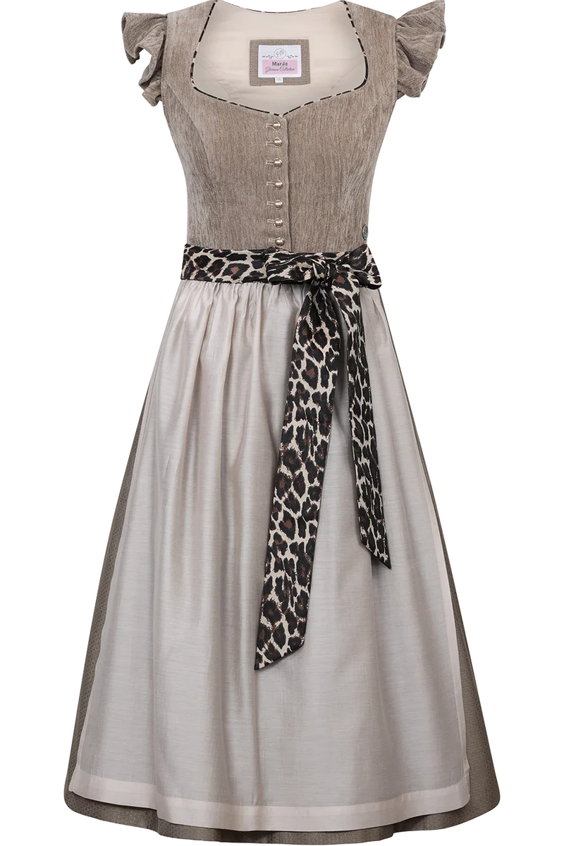 Samtdirndl 70cm mit abnehmbaren Flügelärmeln und Leoschürzenband - sand