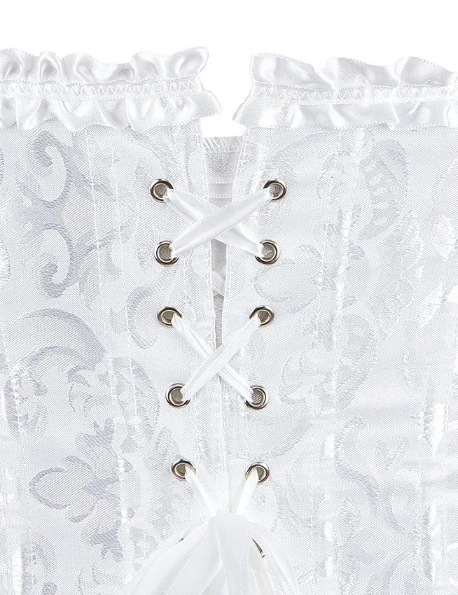 Weißes, trägerloses Jacquard-Korsett mit Spitzenbesatz und Schleife