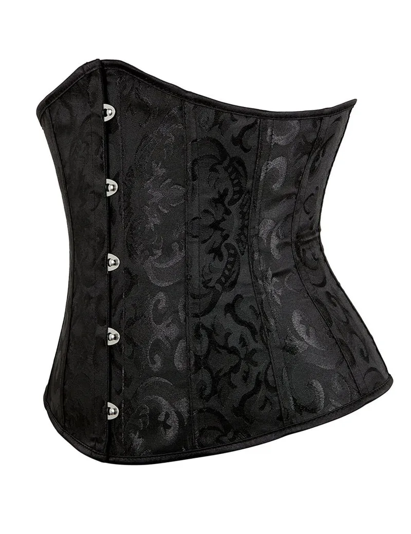 Schwarzes, trägerloses Jacquard-Korsett mit Spitze und 14 Stäbchen