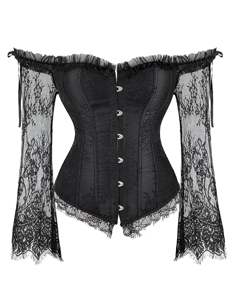 Schwarzes schulterfreies Korsett aus Satin und Spitze mit Rüschenschleife