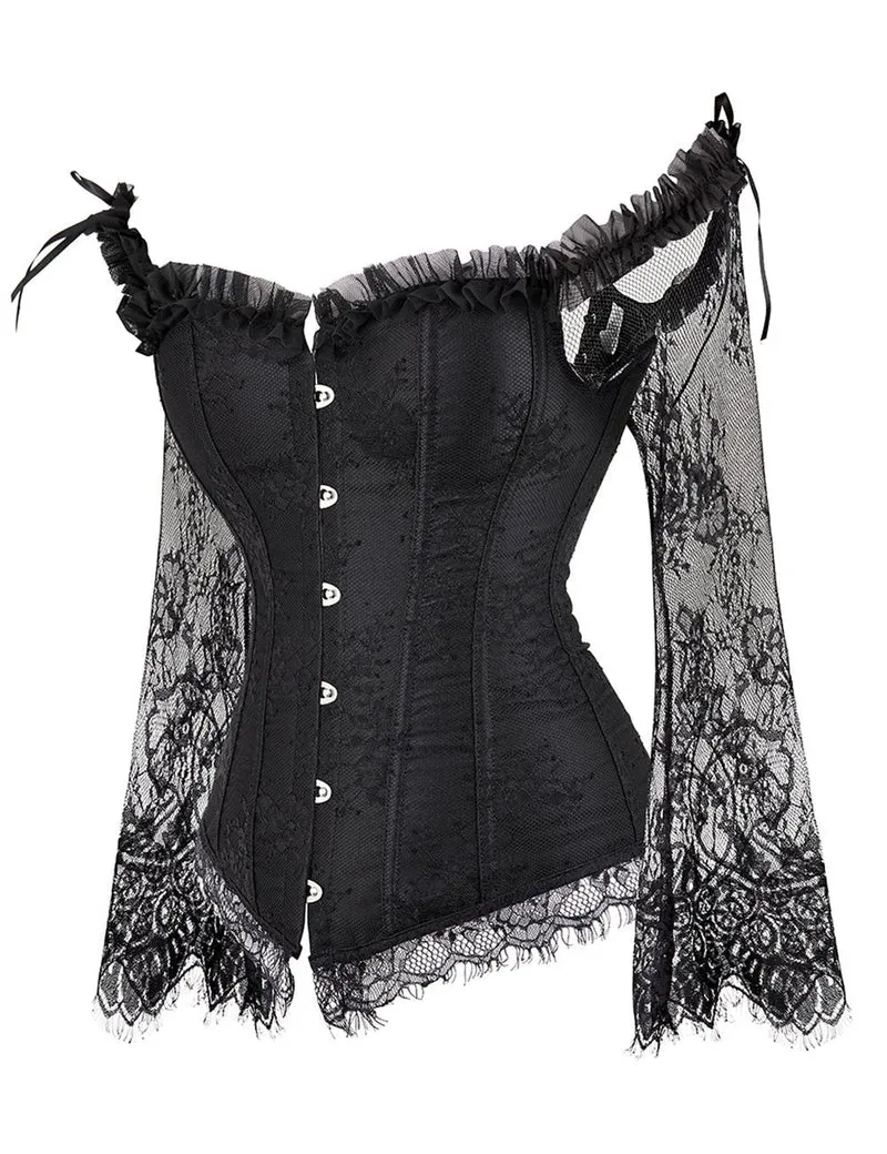 Schwarzes schulterfreies Korsett aus Satin und Spitze mit Rüschenschleife