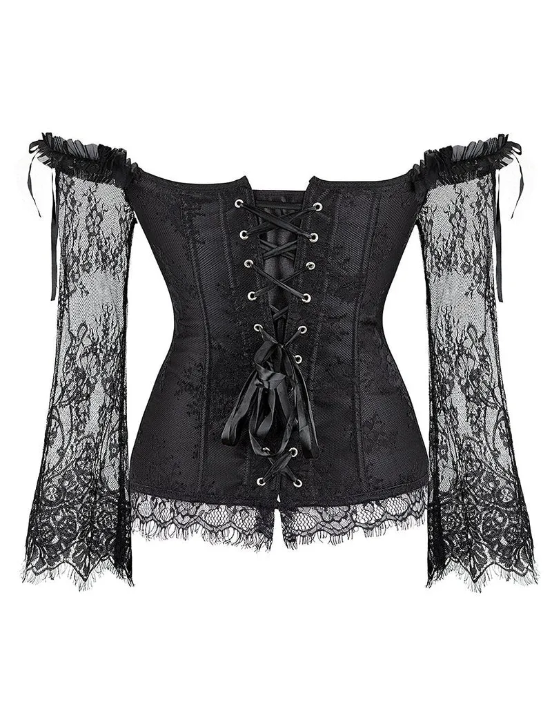 Schwarzes schulterfreies Korsett aus Satin und Spitze mit Rüschenschleife