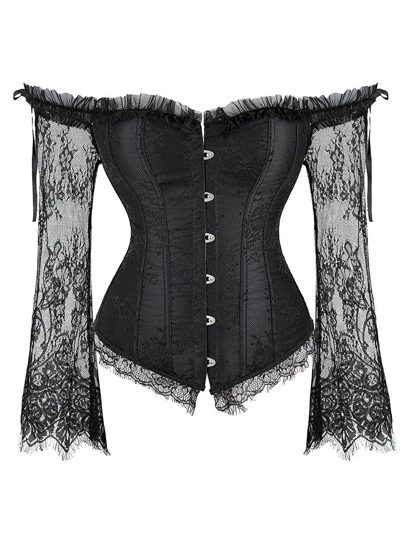 Schwarzes schulterfreies Korsett aus Satin und Spitze mit Rüschenschleife