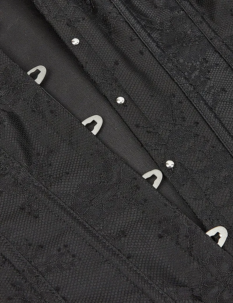 Schwarzes schulterfreies Korsett aus Satin und Spitze mit Rüschenschleife