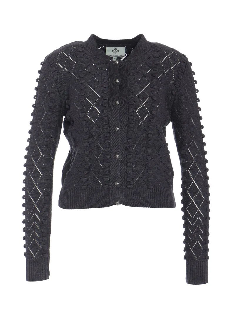 Strickjacke mit Stehkragen und Bommeln