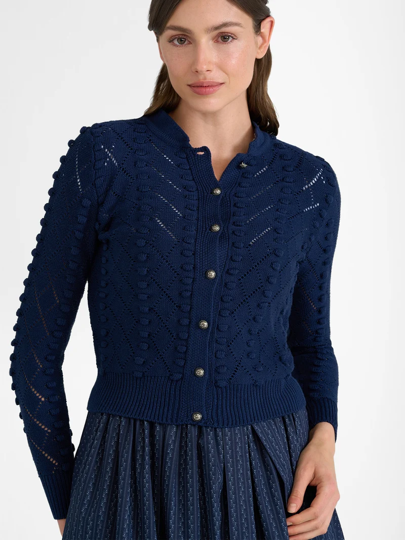 Strickjacke mit Stehkragen und Bommeln