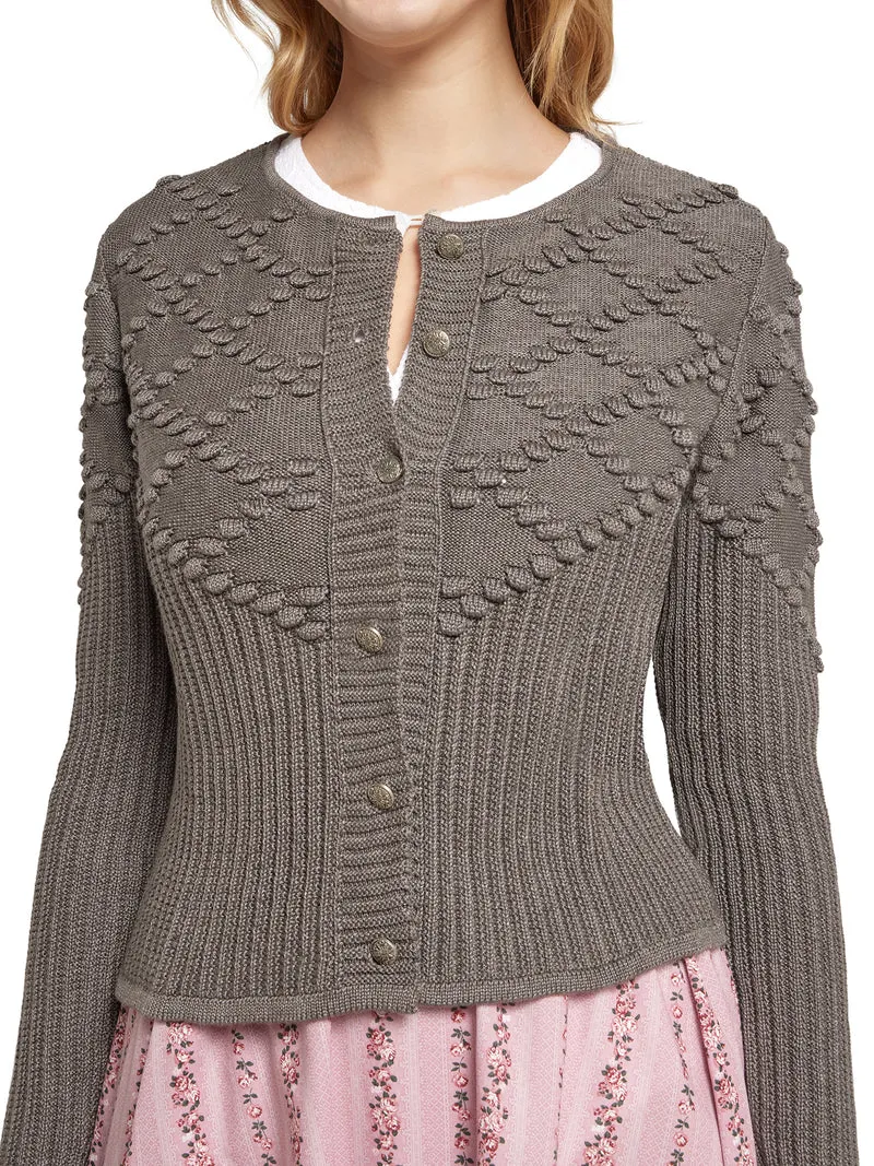Taillierte Strickjacke mit Rautenmuster und Bommel