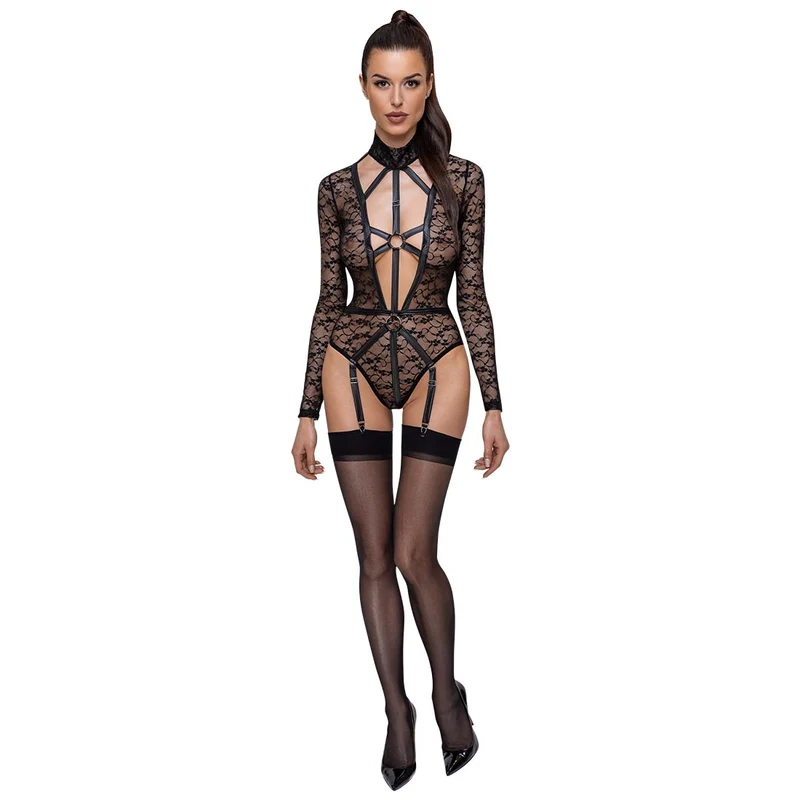 Langarm-Body S-XL weiche Spitze mit abnehmbaren Strapsen "Viola"