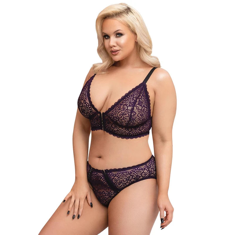 Spitzen BH Set lila XL - 4XL mit Hakenverschluss vorne "Tina+"