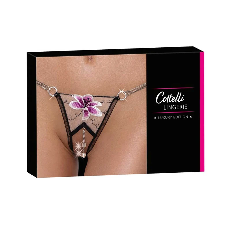 Damen Rio String ouvert S-L mit Strass-Ketten und Perlen "Blume"