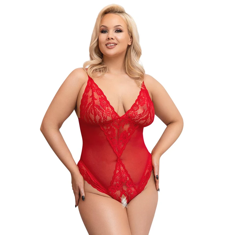 Body ouvert rot XL - 4XL mit Soft-Cups und breiten Trägern "Anette"