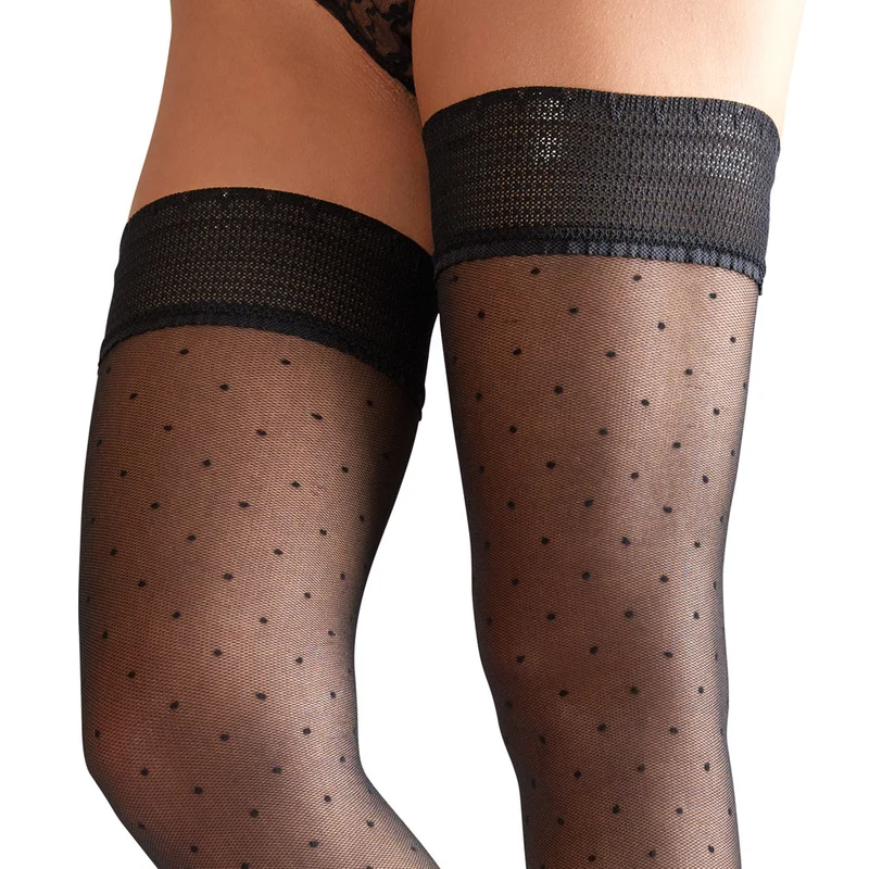 Halterlose Strümpfe S - XL mit Punkten schwarz "Bente"