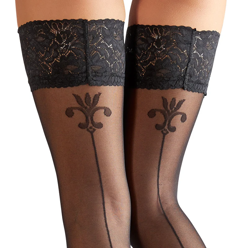 Halterlose Strümpfe schwarz S-XL mit Naht und eingewebte Lilie "Djola"