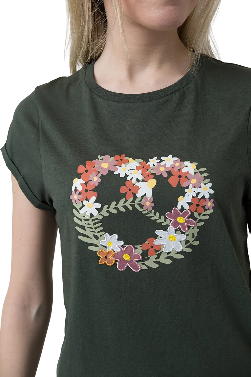 Damen T-Shirt mit floralem Brezenmotiv - tannengrün