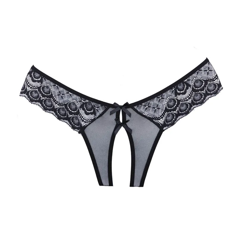 Allure Adore Foreplay Panty S - L schwarz ouvert mit floralem Spitzenbändchen