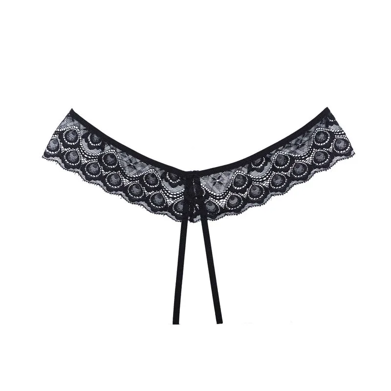 Allure Adore Foreplay Panty S - L schwarz ouvert mit floralem Spitzenbändchen