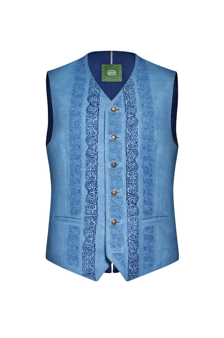 Blaudruck-Gilet mit Reliefstickerei