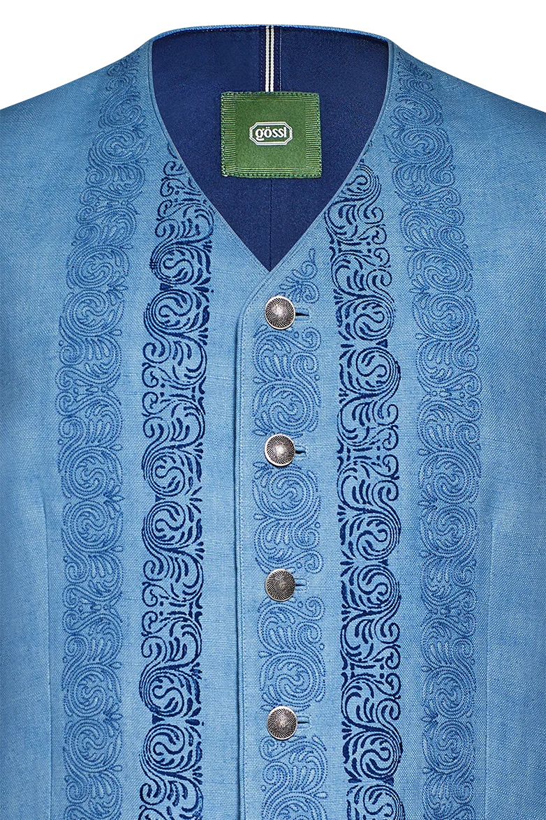 Blaudruck-Gilet mit Reliefstickerei
