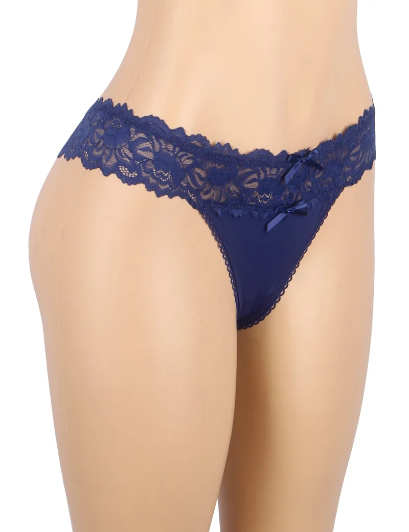 Denimblauer Netz-Slip – gekreuzter Rückenausschnitt, Schleife und Spitzenbesatz am Saum
