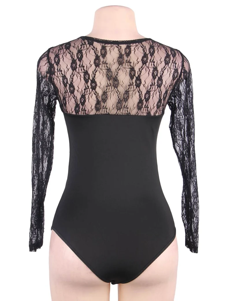 Langärmliger Body aus Spitze und Mesh – halbtransparente Brustpartie, Haken- und Ösenverschluss im Schritt und hochelastische Passform