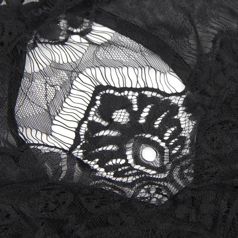 Ärmelloser Body aus schwarzer Wimpernspitze und Mesh – Doppellagiges Brustteil, transparenter Rücken und Hakenverschluss im Schritt