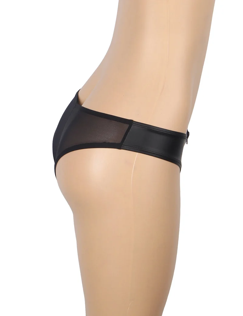 Schwarzer Slip aus PU-Leder – Mesh-Einsätze, Reißverschluss vorne und Baumwollpolster