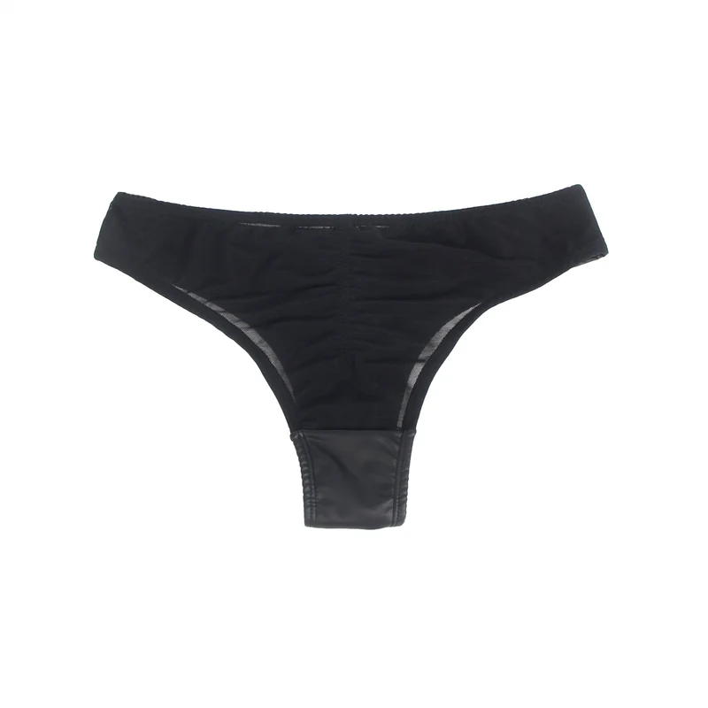Schwarzer Slip aus PU-Leder – Mesh-Einsätze, Reißverschluss vorne und Baumwollpolster