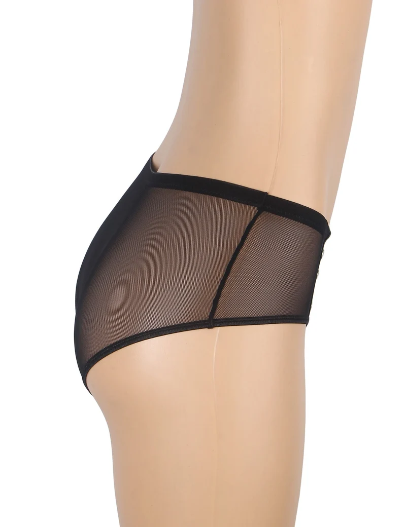 Schwarzer Slip aus PU-Leder – Mesh, Metallnieten & Baumwollzwickel