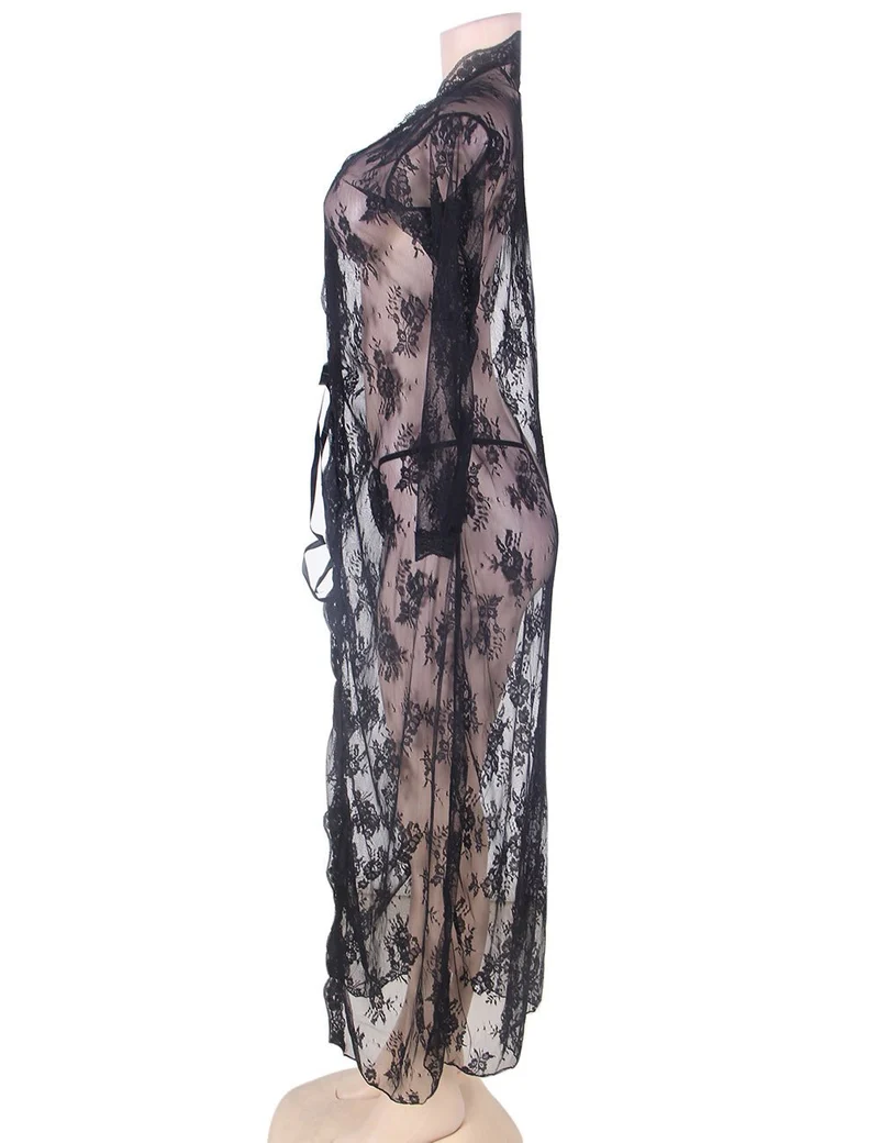 Schwarzes Babydoll mit Blumenmuster und Spitze – offene Vorderseite, lange Ärmel und Seidenband