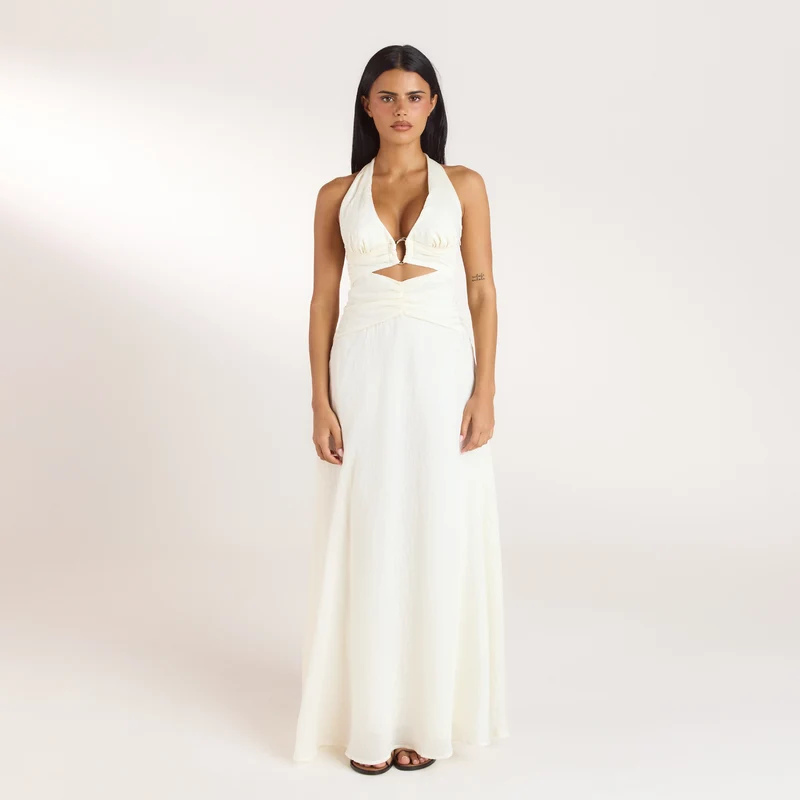 Gerüschtes Tencel Maxikleid - Crèmefarbe