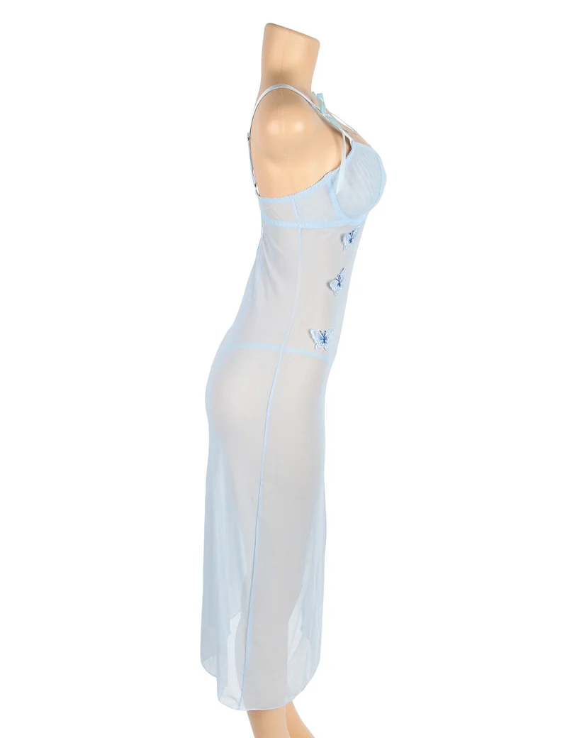 Blaues Netz-Camisolekleid – mit Schleifenträgern, Bügeln, 3D-Schleifen und Schlitz vorne.