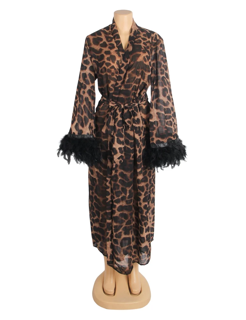 Chiffon-Bademantel mit Leopardenmuster – Abnehmbare Federbündchen, offene Vorderseite & Gürtel