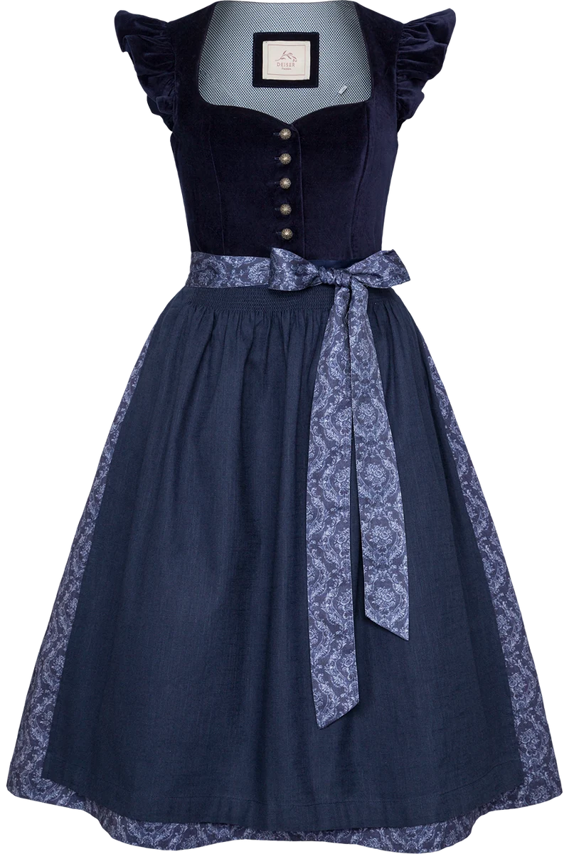 Baumwolldirndl Midi mit Samtmieder und Flügelärmel - marine