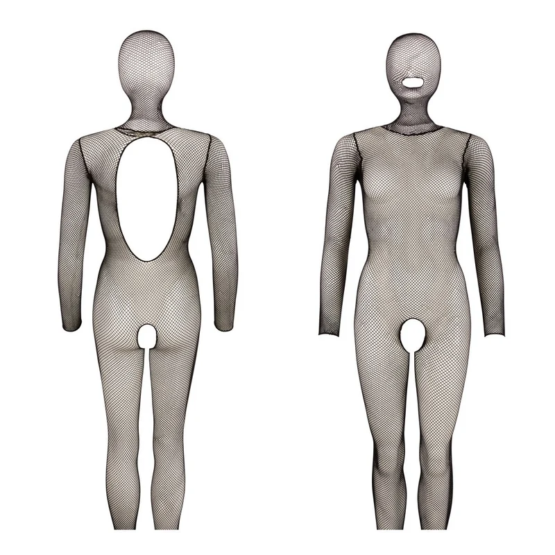 Netz-Catsuit S-L mit Maske, im Schritt offen "Soja"