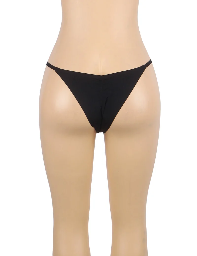 Nahtloser String aus schwarzer Eisseide – Strasskette & plissierte Vorderseite