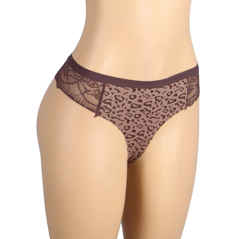 Nahtloser Stringtanga mit Leopardenmuster aus Eisseide – Elastischer Spitzenbund