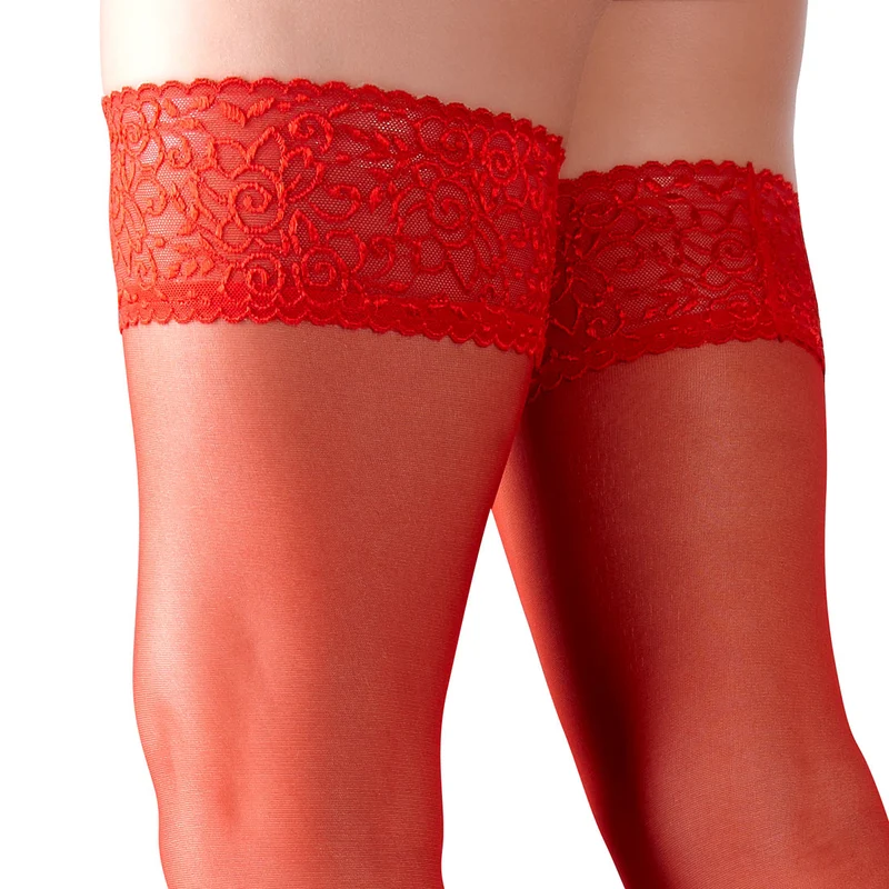 Halterlose Strümpfe Rot S-XL mit 7cm Spitzen-Abschluss "Ramona"