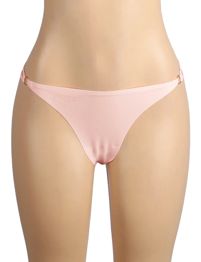 Nahtloser String aus rosa Eisseide – Metallischer Herzverschluss & Zierstreifen