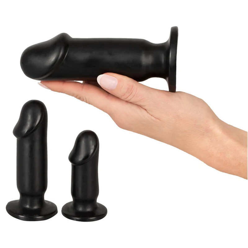 3-tlg. Analplug-Set mit großem Standfuß und ausgeformter Eichel