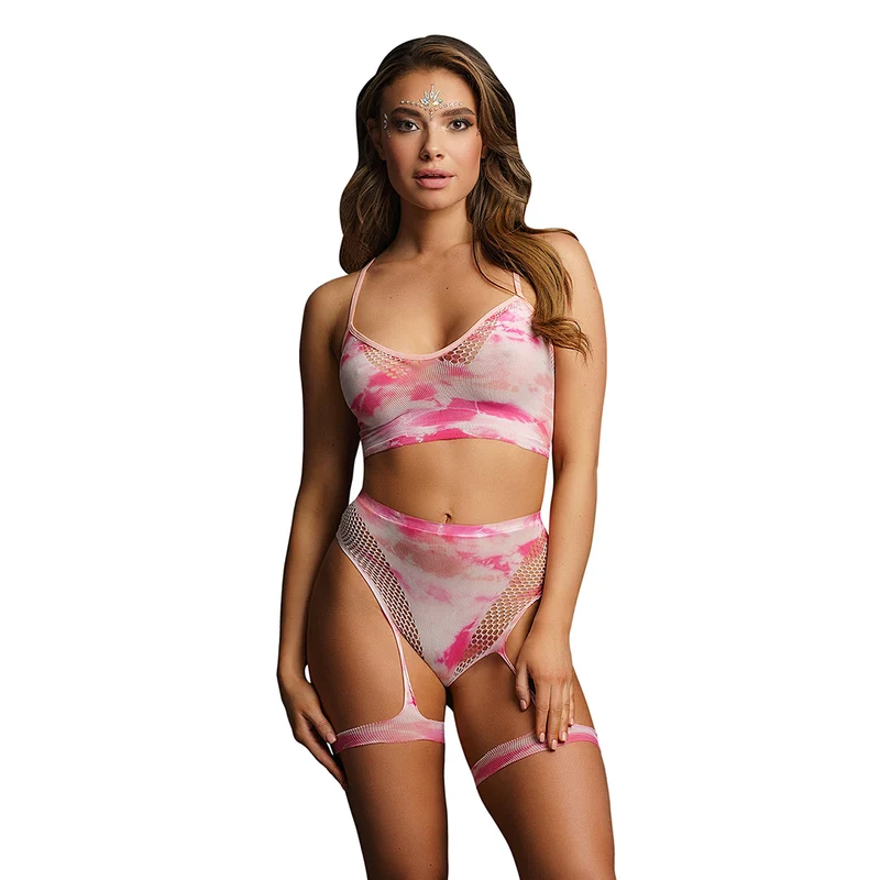Trendiges Damen BH-Set Pink Tie Dye oder Apricot Pastell mit Strumpfbändern "x18