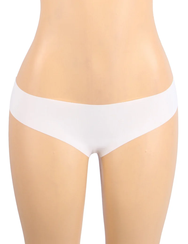 Nahtloser String aus weißer Eisseide – mit wellenförmigem Spitzendetail an der Hüfte und verstellbarem Beinausschnitt