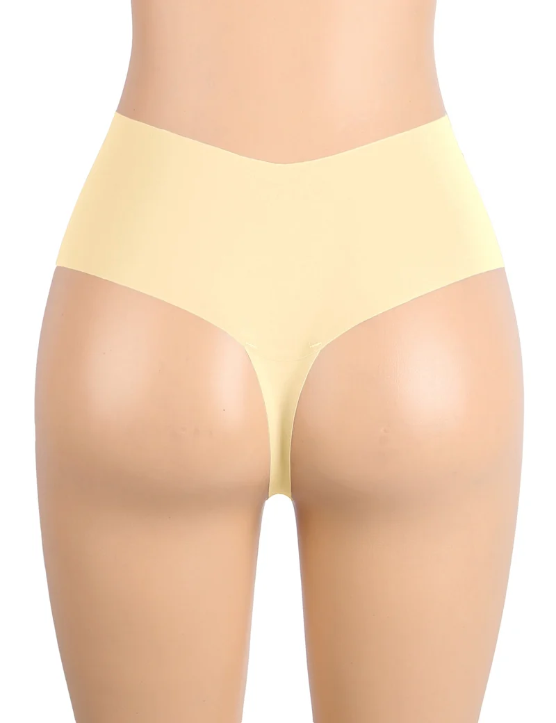 Nahtloser String-Tanga aus hautfarbener Eisseide mit hohem Bund – Beinöffnung zum Kürzen