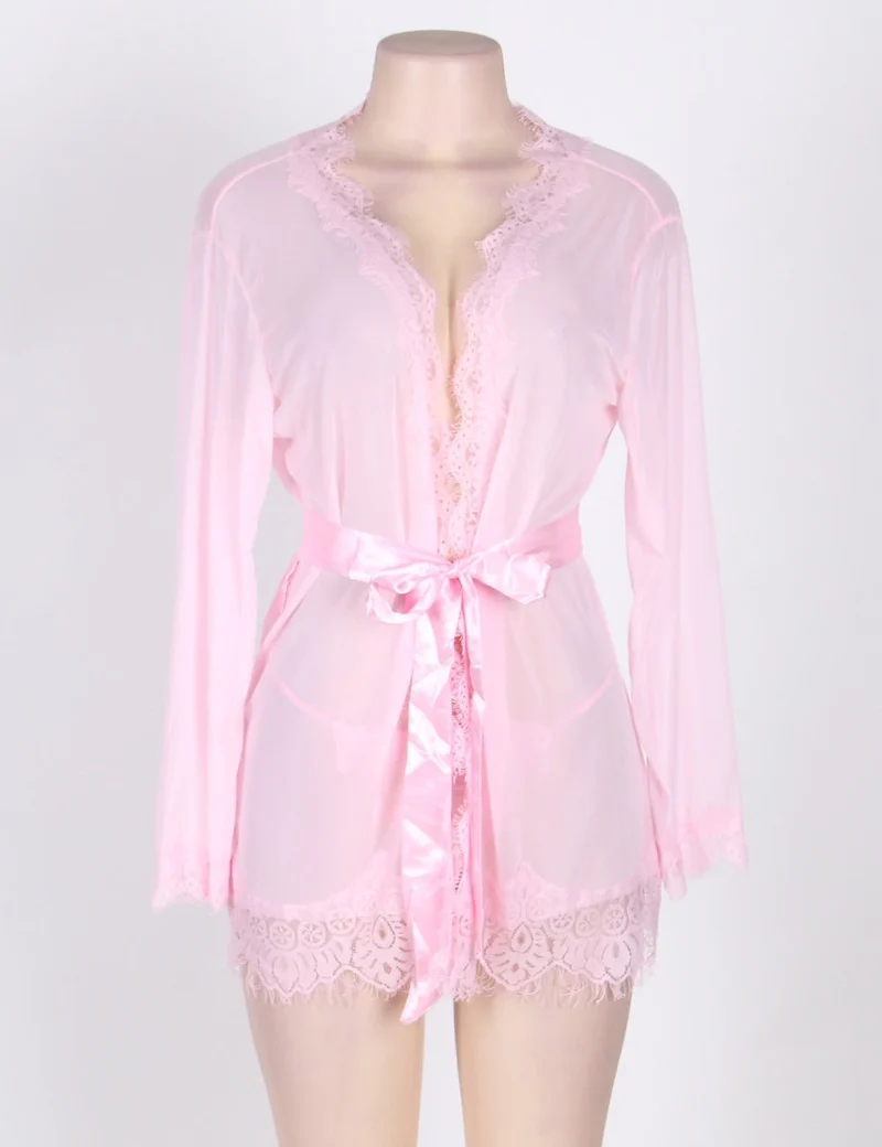 Rosa, transparenter Netz-Bademantel – Set aus Wimpernspitzenbesatz, Satin-Gürtel und String