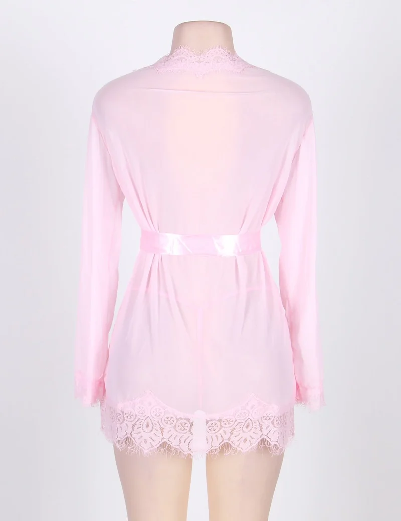 Rosa, transparenter Netz-Bademantel – Set aus Wimpernspitzenbesatz, Satin-Gürtel und String