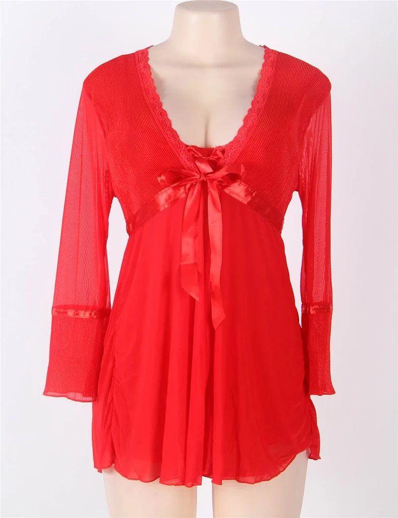 Rotes, transparentes Babydoll aus Mesh – mit Bügel-BH, Spitzenbesatz, Schleifenverzierung und passendem String-Set