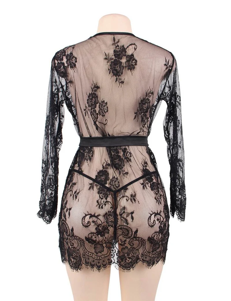 Schwarzes Cardigan-Kleid mit Wimpernspitzenbesatz – Rohspitzenbesatz, abnehmbarer Satinbund und kurzer Morgenmantel